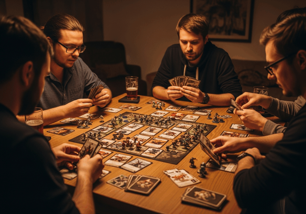 Joueurs concentrés autour d’une table en bois jouant à Blood Bowl Team Manager, cartes illustrées et pions visibles, ambiance chaleureuse et compétitive.