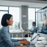 une femme concentrée est en visioconférence cristalline avec un client international sur un ecran interactif.