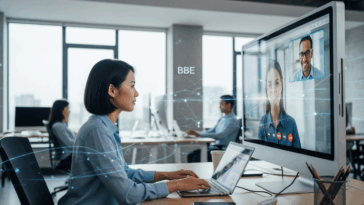 une femme concentrée est en visioconférence cristalline avec un client international sur un ecran interactif.