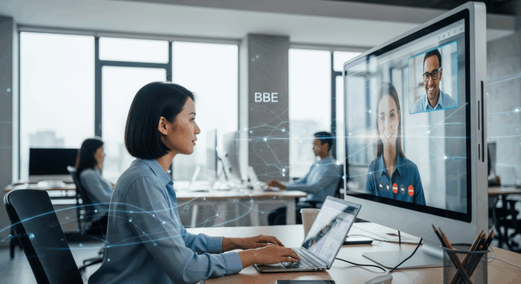 une femme concentrée est en visioconférence cristalline avec un client international sur un ecran interactif.