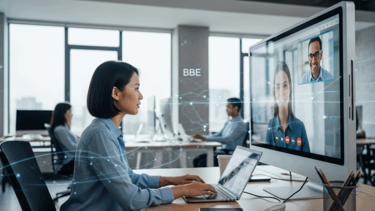 une femme concentrée est en visioconférence cristalline avec un client international sur un ecran interactif.