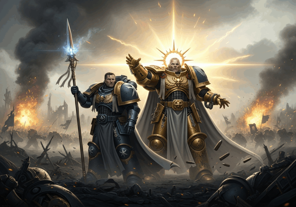 Constantin Valdor et l’Empereur de l’Humanité sur le champ de bataille de Terra, enveloppés de fumée et de lumière dorée, symboles de puissance et de loyauté impériale.