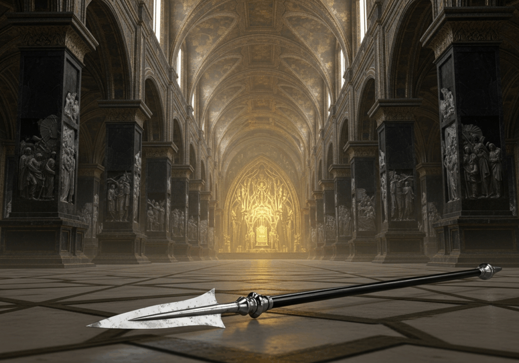 Salle du Trône Doré du Palais Impérial de Terra, baignée de lumière dorée, avec une lance abandonnée au premier plan symbolisant l’absence de Constantin Valdor.