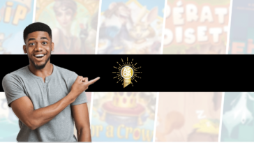 Un homme souriant pointe vers un logo des As d'Or 2025, avec des illustrations de jeux de société en arrière-plan