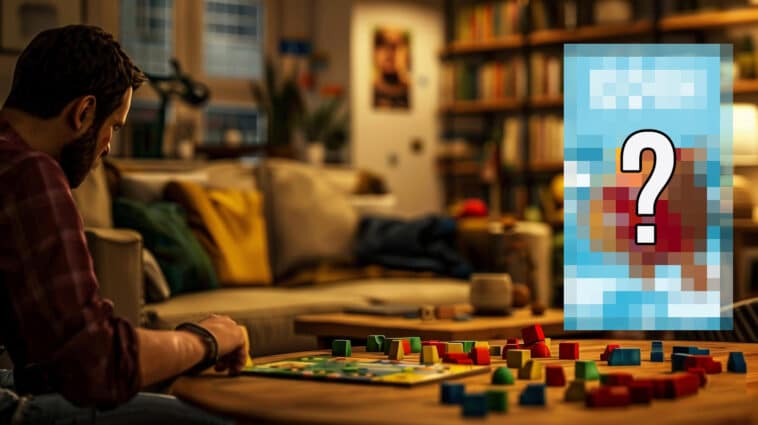 Un homme assis à une table, jouant à un jeu de société avec des pièces colorées. En arrière-plan, un livre flou et un poster au mur, avec une image d'un jeu de société cachée derrière un flou pixellisé