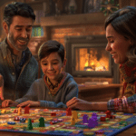 Une famille (un père, une mère et leur enfant) joue à un jeu de société autour d'une table, avec un feu de cheminée en arrière-plan, des pièces de jeu colorées sur le plateau