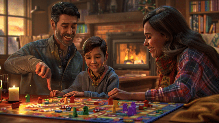 Une famille (un père, une mère et leur enfant) joue à un jeu de société autour d'une table, avec un feu de cheminée en arrière-plan, des pièces de jeu colorées sur le plateau