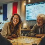 Famille multigénérationnelle jouant à un jeu de société avec une appli visible sur écran et un drapeau français en fond.