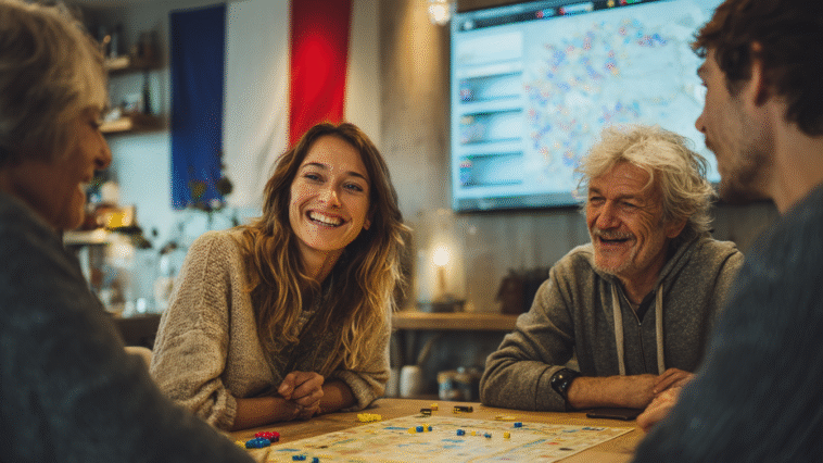 Famille multigénérationnelle jouant à un jeu de société avec une appli visible sur écran et un drapeau français en fond.