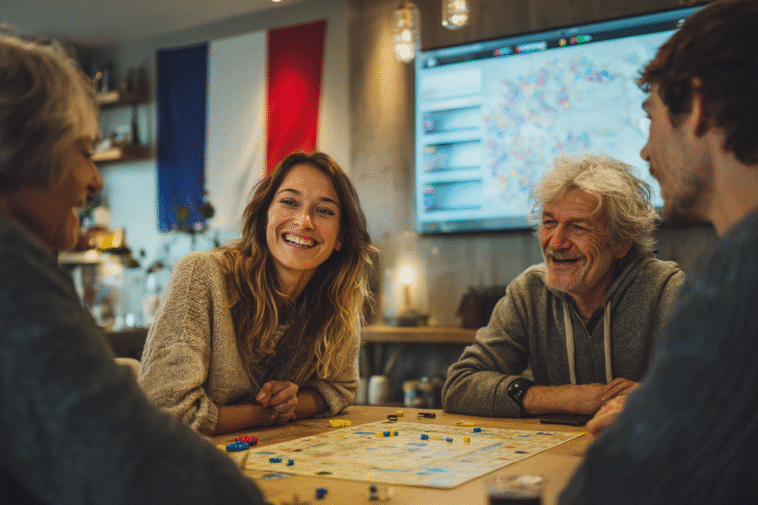 Famille multigénérationnelle jouant à un jeu de société avec une appli visible sur écran et un drapeau français en fond.