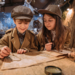 Jeu immersif pour enfants dans un intérieur décoré type chasse au trésor, avec déguisements et accessoires éducatifs comme loupe et carte ancienne.
