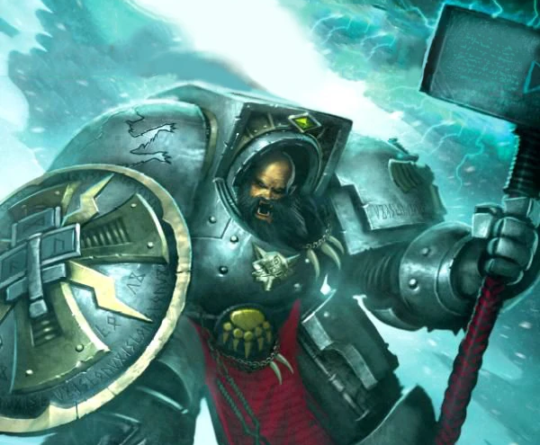Arjac Rockfist, le puissant anvil de Fenris dans l'univers de Warhammer 40K, un colosse légendaire des Space Wolves