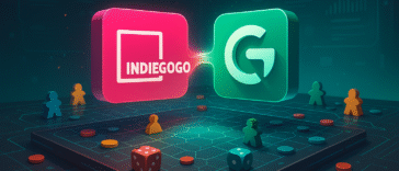 Fusion symbolique de Gamefound et Indiegogo sur une table de jeu de société futuriste, illustrant leur rapprochement dans le domaine du financement participatif.