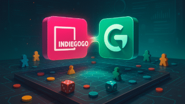 Fusion symbolique de Gamefound et Indiegogo sur une table de jeu de société futuriste, illustrant leur rapprochement dans le domaine du financement participatif.