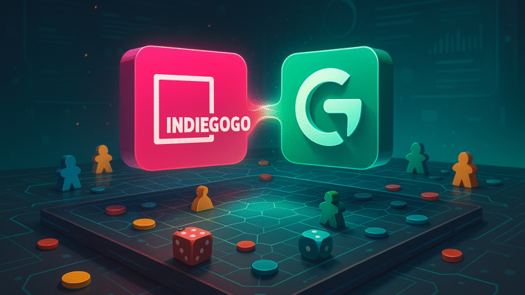 Fusion symbolique de Gamefound et Indiegogo sur une table de jeu de société futuriste, illustrant leur rapprochement dans le domaine du financement participatif.
