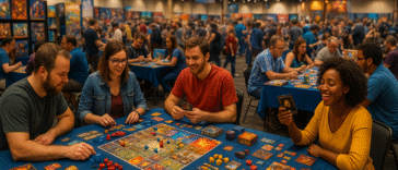 Des joueurs concentrés autour de tables de jeux colorées dans une convention de jeux de société animée, ambiance inspirée de Gen Con 2025.