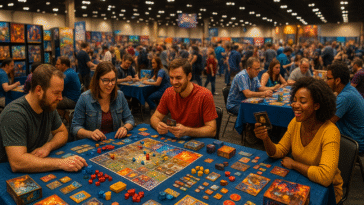 Des joueurs concentrés autour de tables de jeux colorées dans une convention de jeux de société animée, ambiance inspirée de Gen Con 2025.