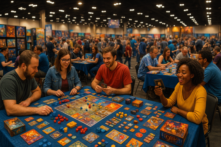 Des joueurs concentrés autour de tables de jeux colorées dans une convention de jeux de société animée, ambiance inspirée de Gen Con 2025.