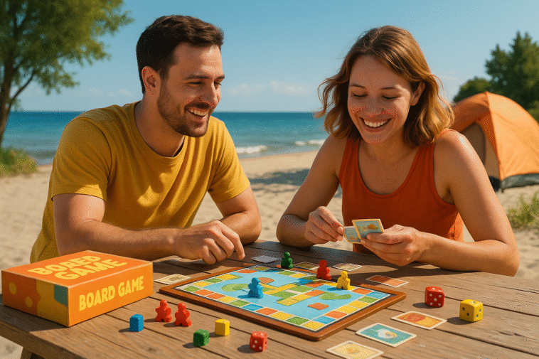 Scène estivale de vacances avec des joueurs profitant d’un jeu de société en plein air, illustrant la détente et le plaisir de jouer partout.