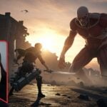 L'attaque du Titan sortie officielle. L'image montre un joueur terrifié par la brutalité du jeu. Sur l'écran s'affiche un géant ainsi que deux humains de taille normale essayant de le combattre pour survivre.