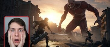 L'attaque du Titan sortie officielle. L'image montre un joueur terrifié par la brutalité du jeu. Sur l'écran s'affiche un géant ainsi que deux humains de taille normale essayant de le combattre pour survivre.