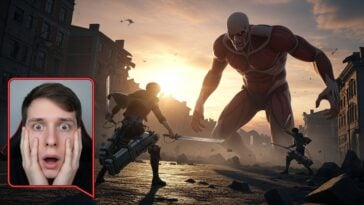 L'attaque du Titan sortie officielle. L'image montre un joueur terrifié par la brutalité du jeu. Sur l'écran s'affiche un géant ainsi que deux humains de taille normale essayant de le combattre pour survivre.