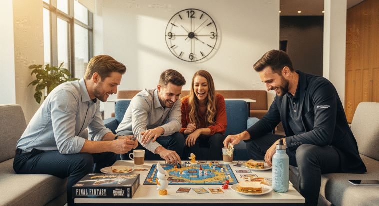 Un groupe d'employés jouant à Final Fantasy pendant la pause déjeuner