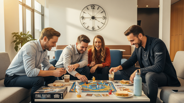 Un groupe d'employés jouant à Final Fantasy pendant la pause déjeuner