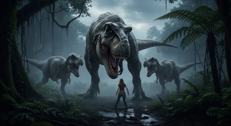 Une femme entourrée de T-rex dans Jurassic Park