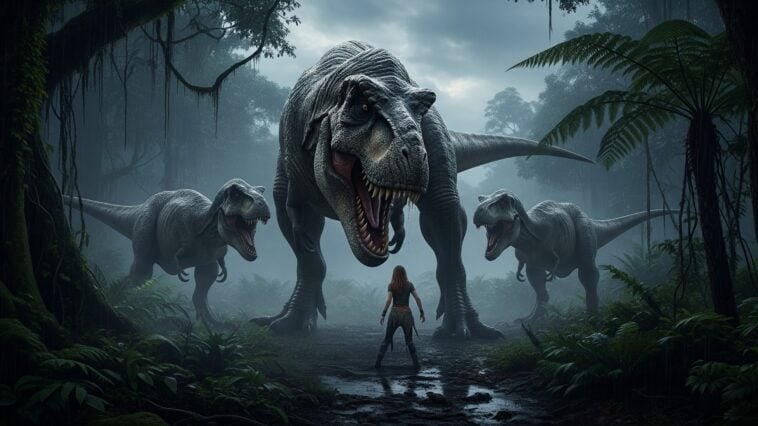 Une femme entourrée de T-rex dans Jurassic Park