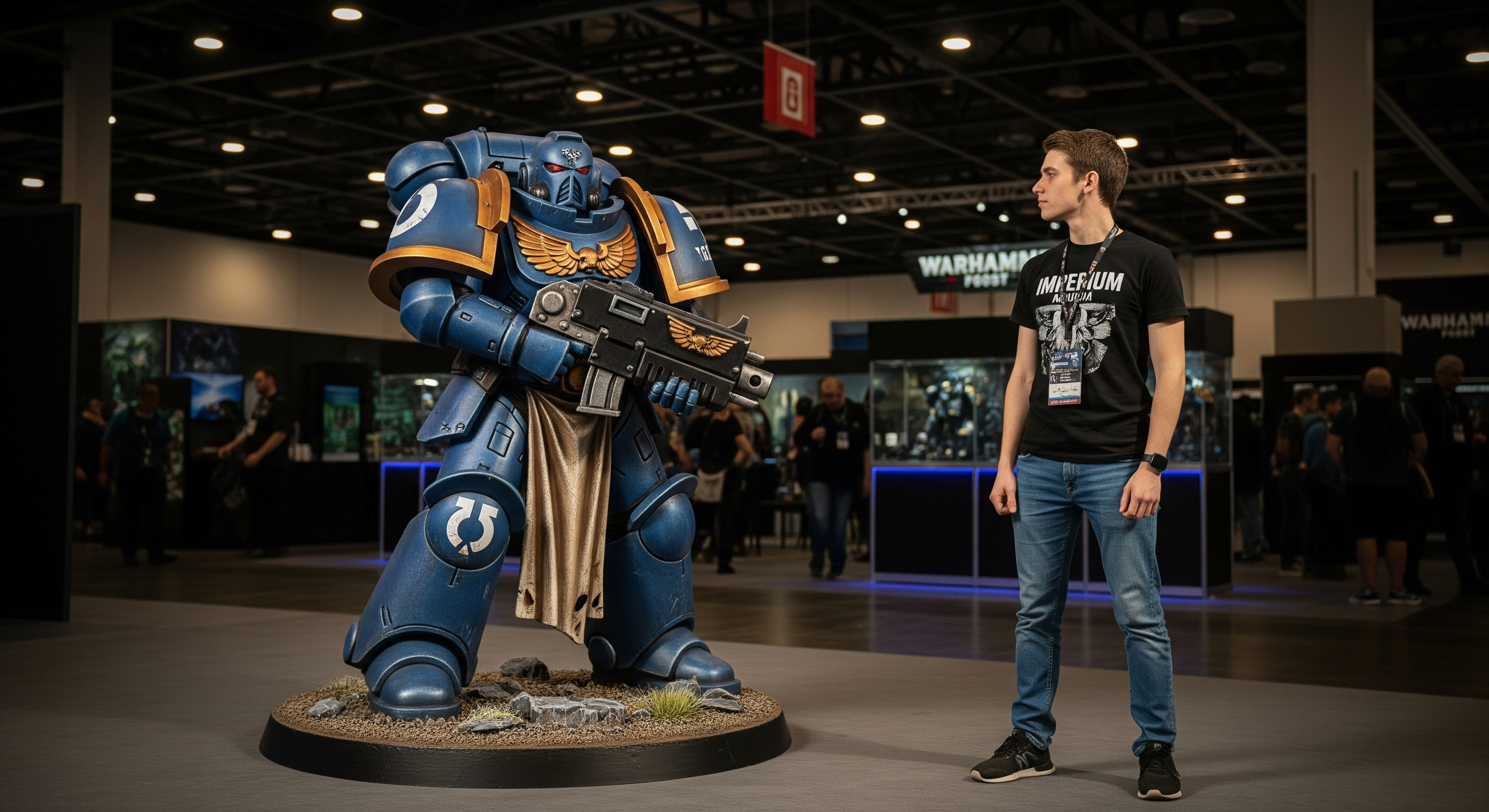 Un fan devant une figurine géante de Warhammer 40k Kill Team