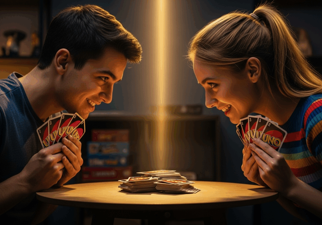 Deux joueurs de Uno s’affrontent avec un sourire complice, une pile de cartes entre eux dans une lumière contrastée.