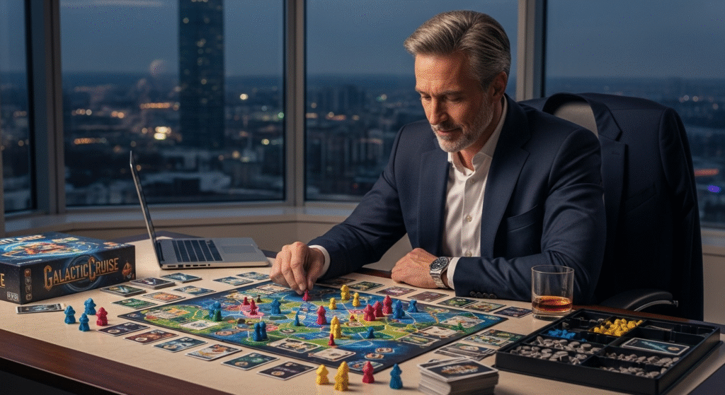 Galactic Cruise. Un homme ayant le look d'un CEO joue à Galactic Cruise