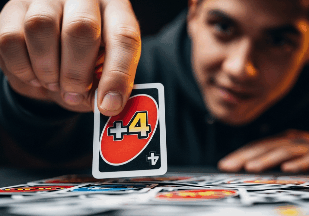 Gros plan sur une main posant une carte +4 Uno, avec un joueur concentré visible en arrière-plan.