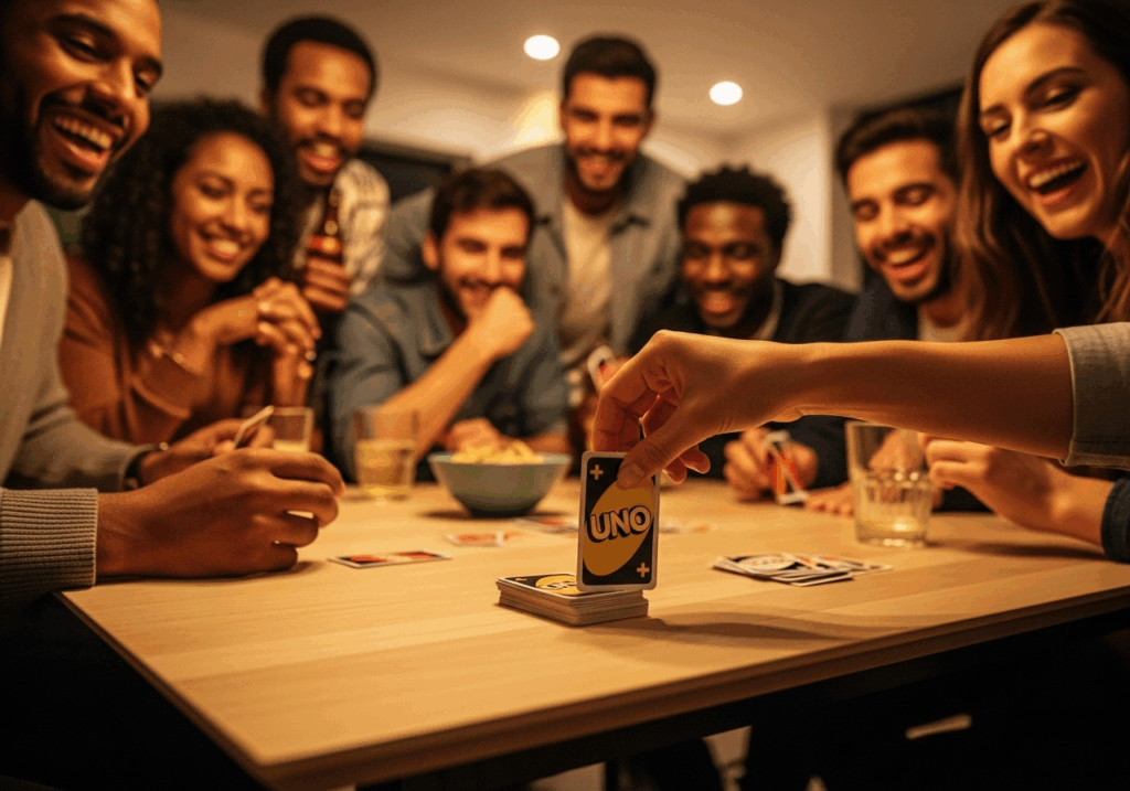 Partie de Uno conviviale autour d’une table en bois moderne, des amis rient pendant qu’un joueur pose une carte +4.