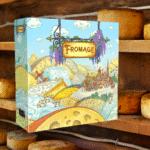 Illustration colorée du jeu "Fromage", avec des champs verdoyants, des meules de fromage géantes et une ambiance de gestion stratégique, idéale pour les amateurs de jeux de société.