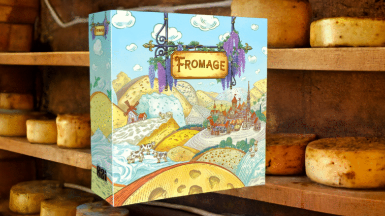 Illustration colorée du jeu "Fromage", avec des champs verdoyants, des meules de fromage géantes et une ambiance de gestion stratégique, idéale pour les amateurs de jeux de société.