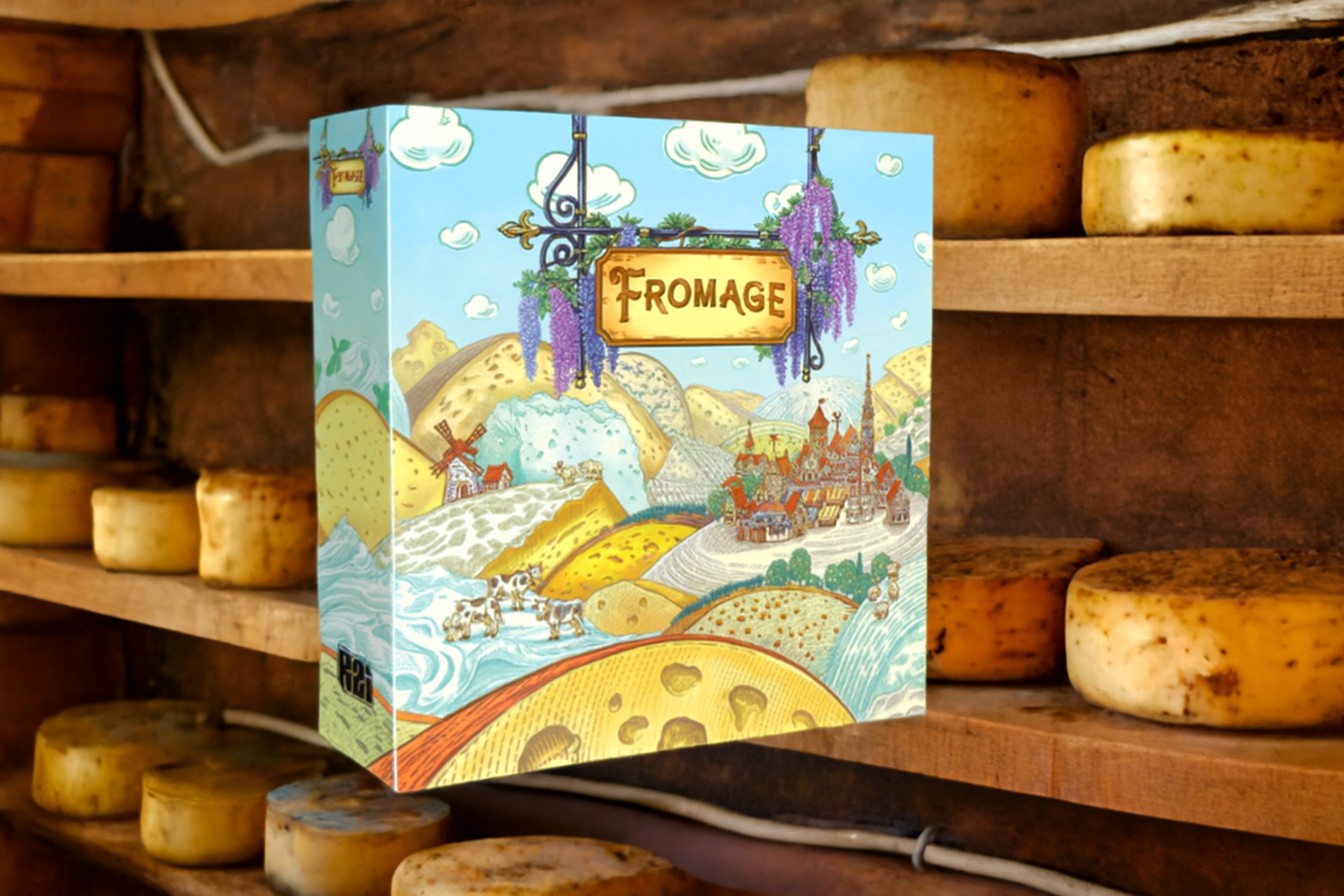 Illustration colorée du jeu "Fromage", avec des champs verdoyants, des meules de fromage géantes et une ambiance de gestion stratégique, idéale pour les amateurs de jeux de société.