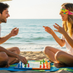 Un couple au bord de la mer qui s'amuse à jouer à un jeu de société pour couple