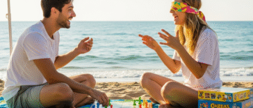 Un couple au bord de la mer qui s'amuse à jouer à un jeu de société pour couple