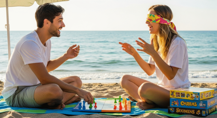 Un couple au bord de la mer qui s'amuse à jouer à un jeu de société pour couple