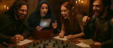 Groupe de joueurs autour d’une table, en train de vivre une aventure de jeu de rôle dans un univers fantastique, avec des accessoires et des costumes.