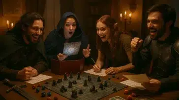 Groupe de joueurs autour d’une table, en train de vivre une aventure de jeu de rôle dans un univers fantastique, avec des accessoires et des costumes.