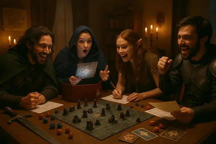 Groupe de joueurs autour d’une table, en train de vivre une aventure de jeu de rôle dans un univers fantastique, avec des accessoires et des costumes.