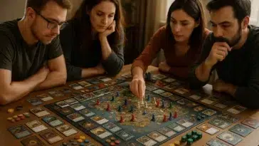Joueurs concentrés autour d’un jeu de plateau stratégique complexe, illustrant une partie de longue durée pleine de réflexion et de stratégie.