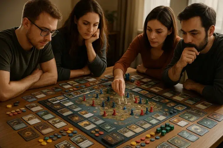 Joueurs concentrés autour d’un jeu de plateau stratégique complexe, illustrant une partie de longue durée pleine de réflexion et de stratégie.