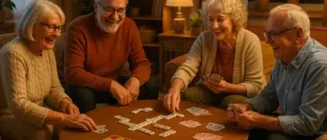 Groupe de seniors jouant à des jeux de société comme les dominos et les cartes, dans une ambiance conviviale et chaleureuse, illustrant l’importance du ludisme pour les aînés.