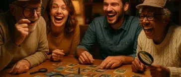 Groupe de personnes joyeuses autour d’une table, en train de jouer à un jeu de société d’enquête, illustrant une ambiance fun et conviviale.