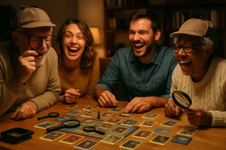 Groupe de personnes joyeuses autour d’une table, en train de jouer à un jeu de société d’enquête, illustrant une ambiance fun et conviviale.