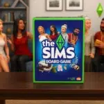La boîte du jeu "The Sims – jeux de société" en premier plan sur une table, avec des personnages Sims jouant en arrière-plan dans un salon coloré et convivial.
